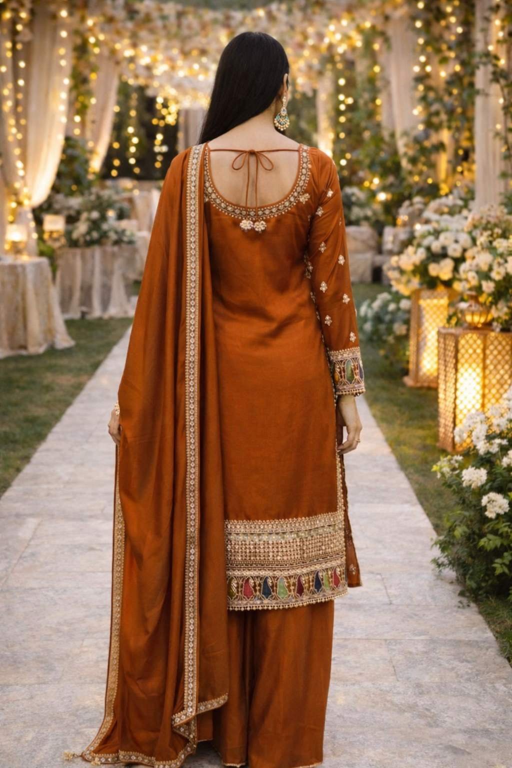 Rust Orange Embroidered Kurta Palazzo Set with Dupatta for Women – Festive & Wedding Wear