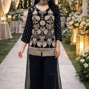 Black Embroidered Kurti Palazzo Set with Choker Dupatta for Women – Elegant Festive & Party Wear
