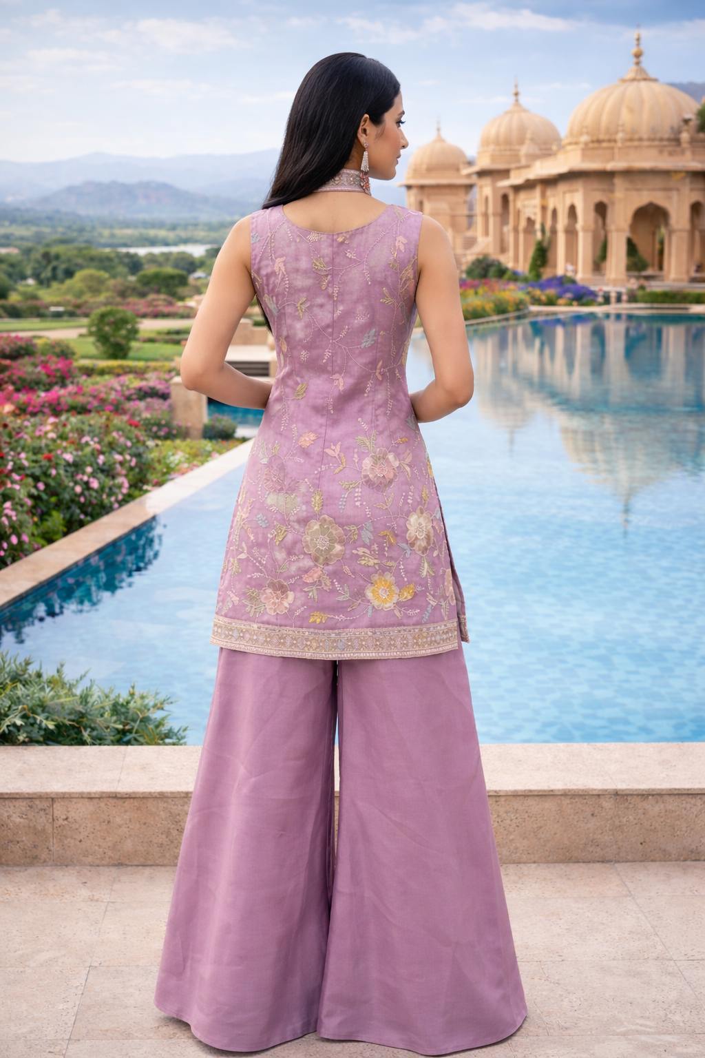Lavender Floral Embroidered Kurti Palazzo Set for Women – Elegant Sleeveless Festive Wear - Image 2