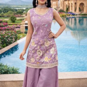Lavender Floral Embroidered Kurti Palazzo Set for Women – Elegant Sleeveless Festive Wear