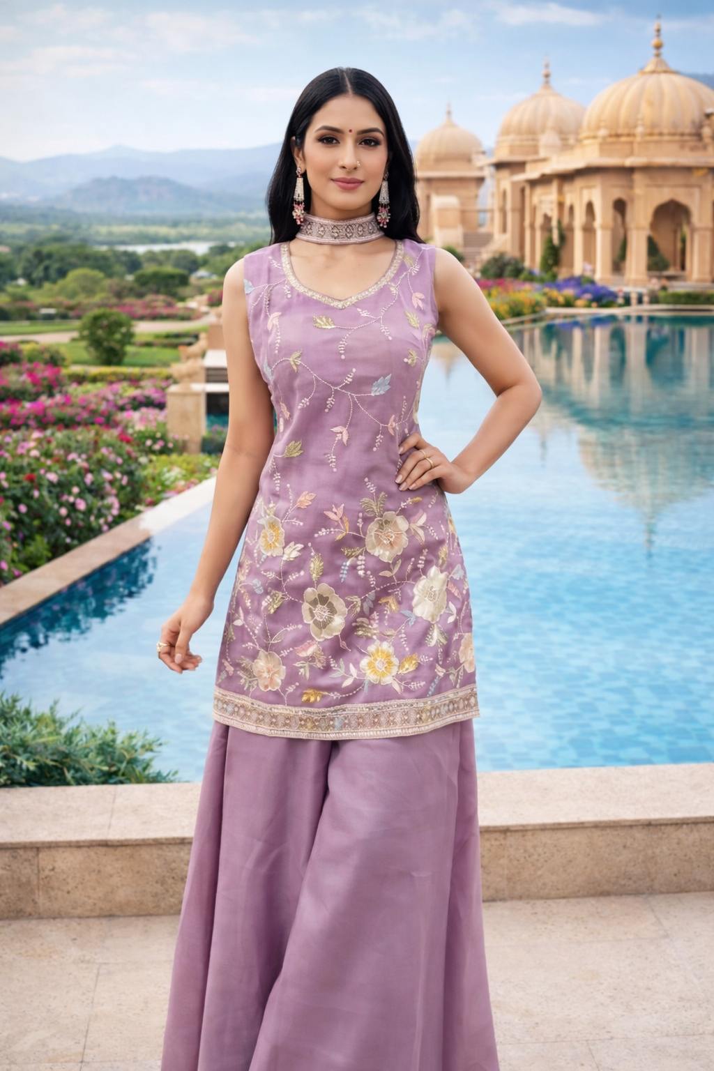 Lavender Floral Embroidered Kurti Palazzo Set for Women – Elegant Sleeveless Festive Wear