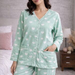 Mint Green Women Cotton Night Suit with Built-In Bra Heart Print Pajama Set