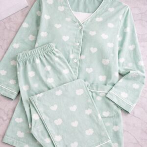 Mint Green Women Cotton Night Suit with Built-In Bra Heart Print Pajama Set
