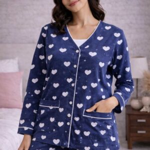Navy Blue Women Cotton Night Suit with Built-In Bra Heart Print Pajama Set