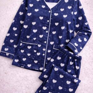 Navy Blue Women Cotton Night Suit with Built-In Bra Heart Print Pajama Set