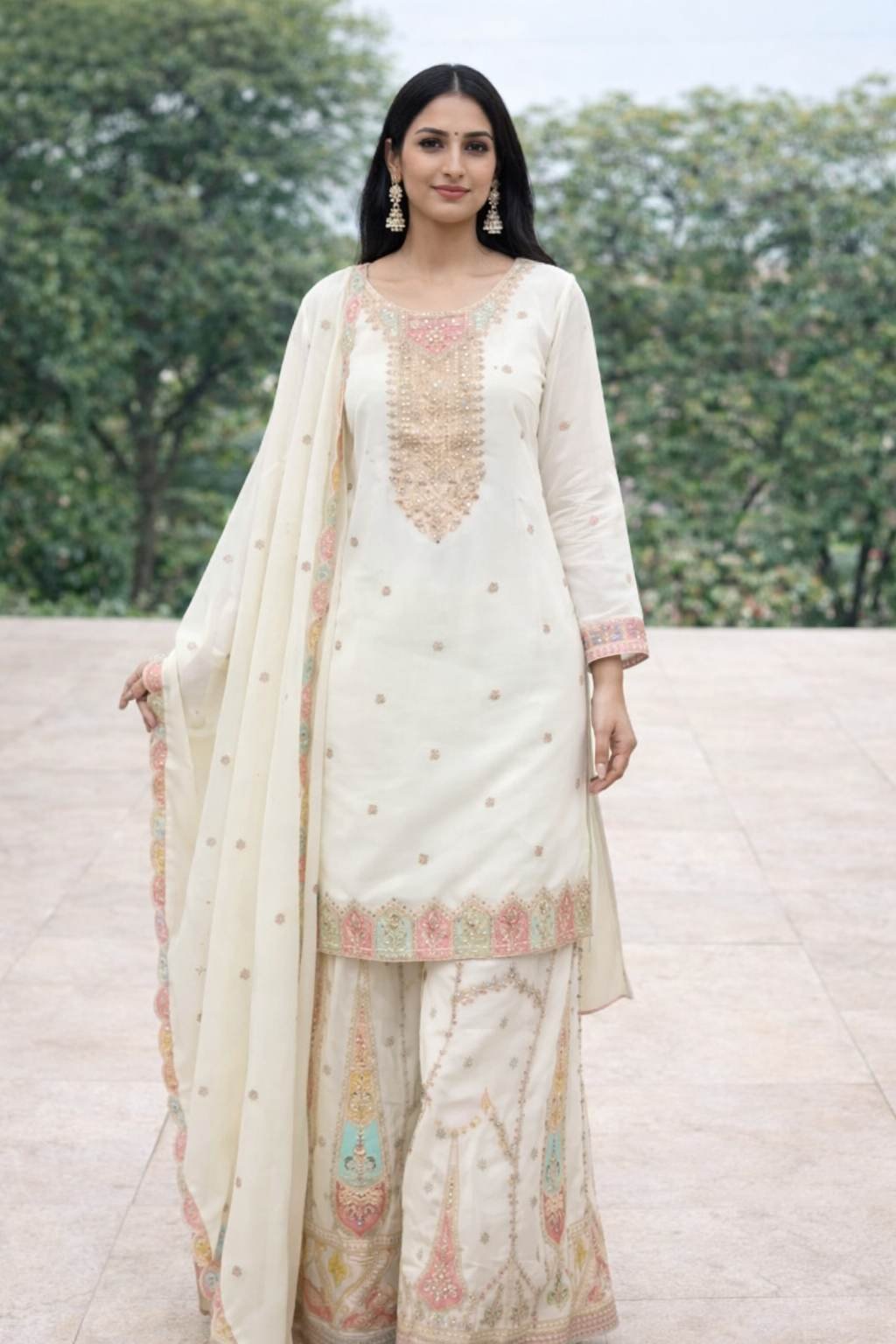 Off White Embroidered Kurta Palazzo Set with Dupatta for Women – Elegant Festive & Party Wear