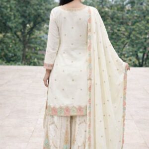 Off White Embroidered Kurta Palazzo Set with Dupatta for Women – Elegant Festive & Party Wear