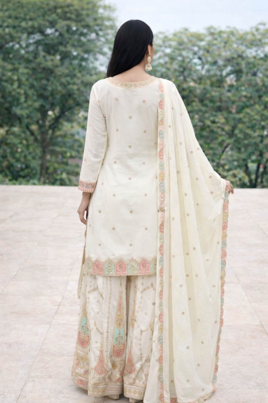 Off White Embroidered Kurta Palazzo Set with Dupatta for Women – Elegant Festive & Party Wear