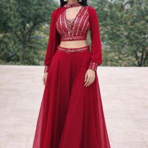Wine Red Embroidered Crop Top Palazzo Set