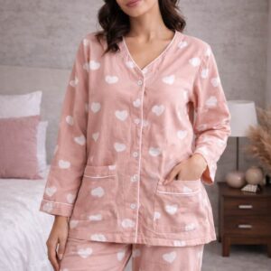 Women Cotton Night Suit with Built-In Bra Pink Heart Print Pajama Set Soft & Comfortable Nightwear for Girls & Ladies