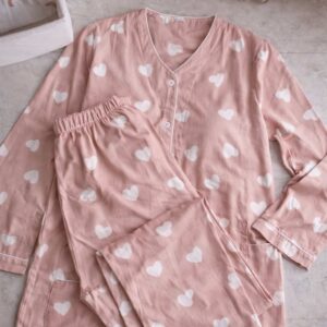 Women Cotton Night Suit with Built-In Bra Pink Heart Print Pajama Set Soft & Comfortable Nightwear for Girls & Ladies