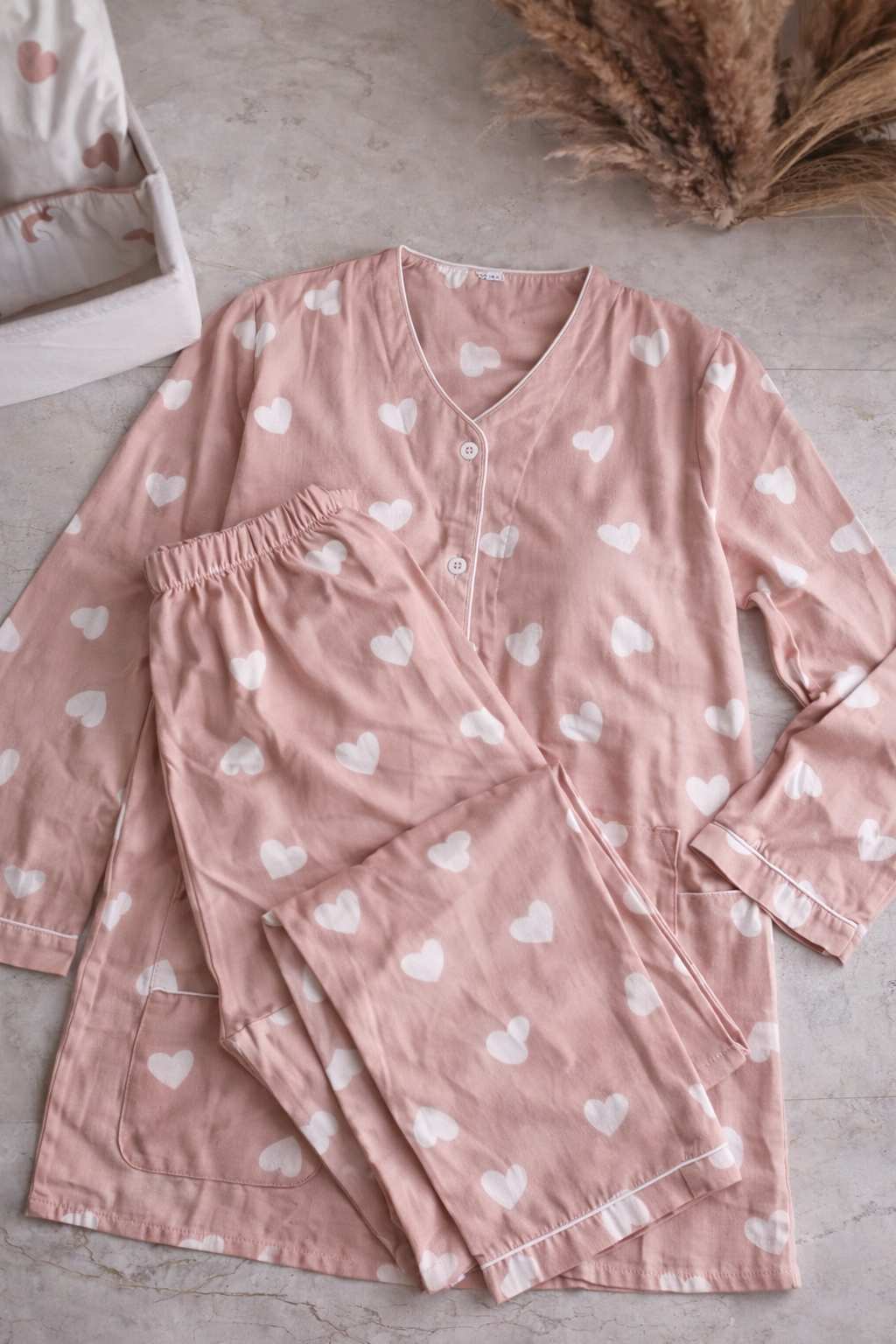 Women Cotton Night Suit with Built-In Bra Pink Heart Print Pajama Set Soft & Comfortable Nightwear for Girls & Ladies