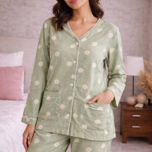 Women Cotton Night Suit with Built-In Bra Sage Green Daisy Print Pajama Set Soft Nightwear for Girls & Ladies
