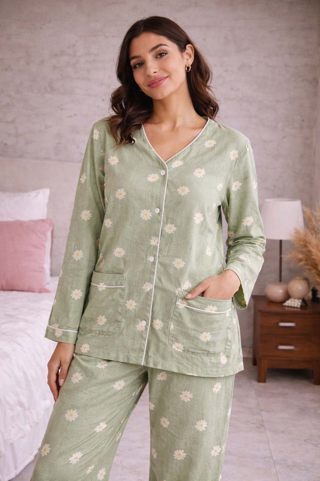 Women Cotton Night Suit with Built-In Bra Sage Green Daisy Print Pajama Set Soft Nightwear for Girls & Ladies