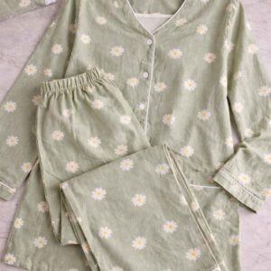 Women Cotton Night Suit with Built-In Bra Sage Green Daisy Print Pajama Set Soft Nightwear for Girls & Ladies