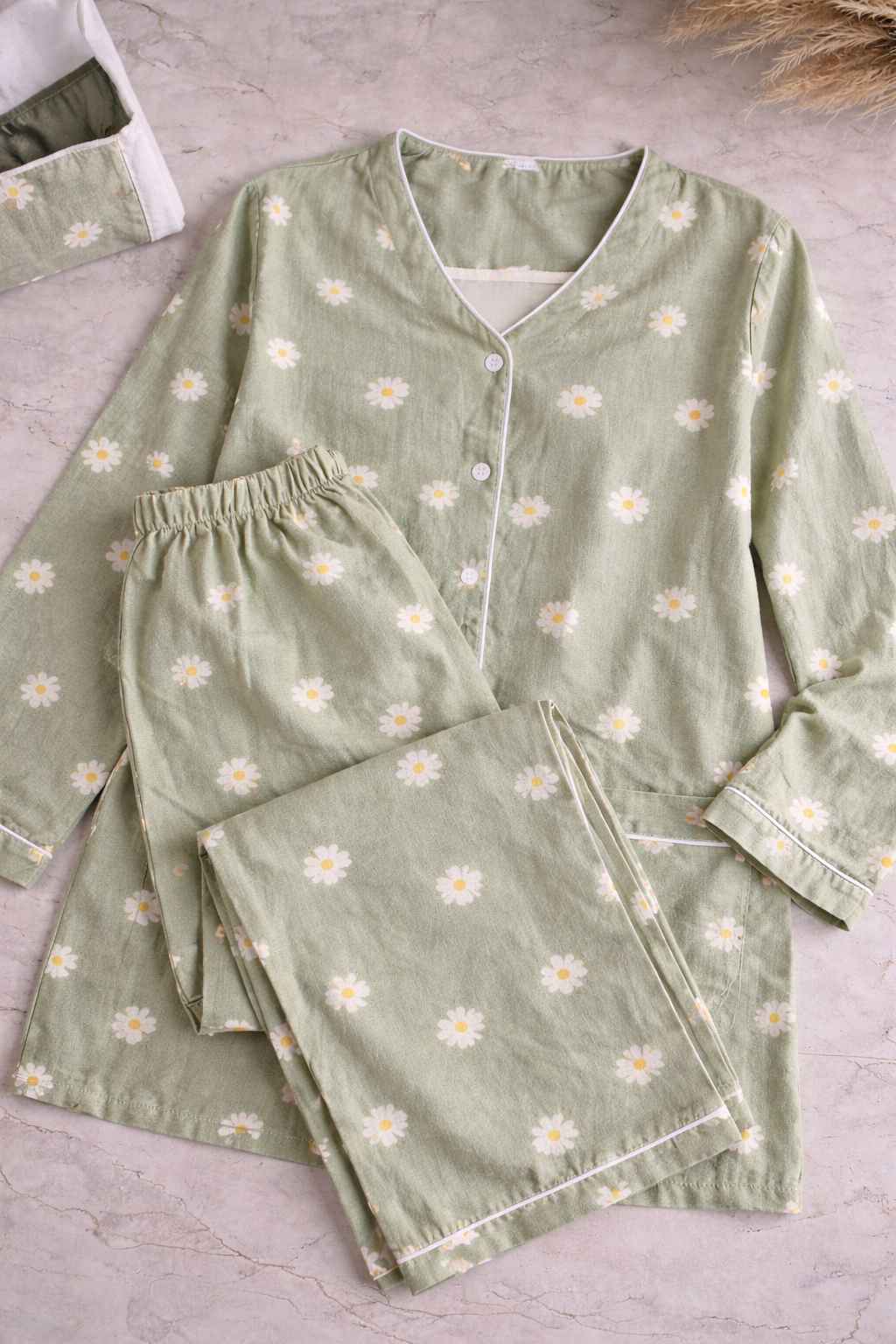 Women Cotton Night Suit with Built-In Bra Sage Green Daisy Print Pajama Set Soft Nightwear for Girls & Ladies