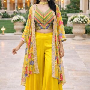 Yellow Floral Jacket Style Crop Top Palazzo Set for Women – Festive & Wedding Party Wear